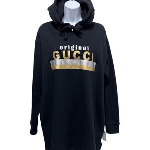 GUCCI Black, Silver, Gold Cotton Foil Logo Pullover Hoodie Dress